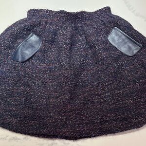 LILI GAUFRETTE~SIZE 10 GIRLS TWEED LINED WOOL MIX MATERIAL LEATHER SKIRT ~NAVY